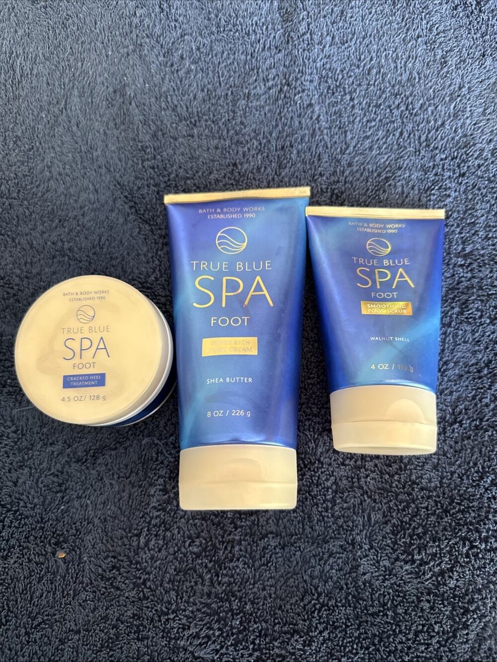 Bath & Body True Blue Spa Foot Scrub, Cream, Cracked Heel Tx Set (3) New Testers